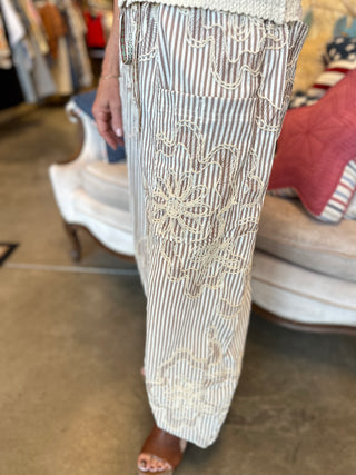 Blue or Tan Striped Embroidery Pant