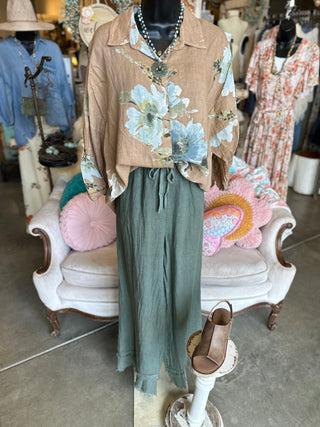 Floral Print Linen Blouse in Beige, Camel, White or Black