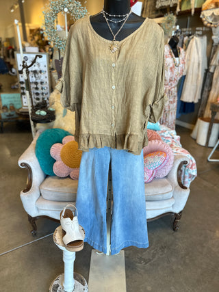 Ruffled Linen Top in Camel or Khaki