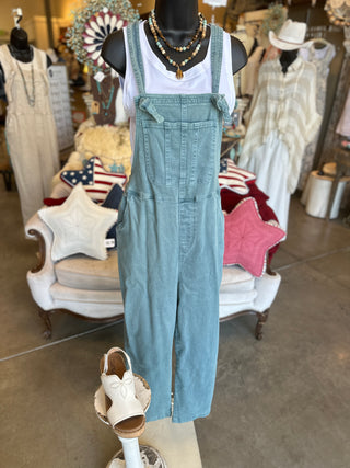 Washed Knot Strapped Overalls in Mahogany, Beige and Teal