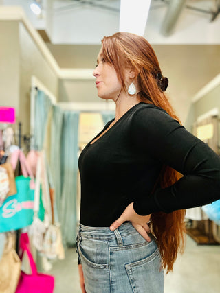 Slinky Rib V Neck Bodysuit in Black or Ivory