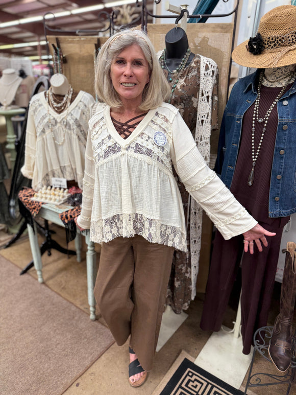 Cream Mixed Knit and Lace Top