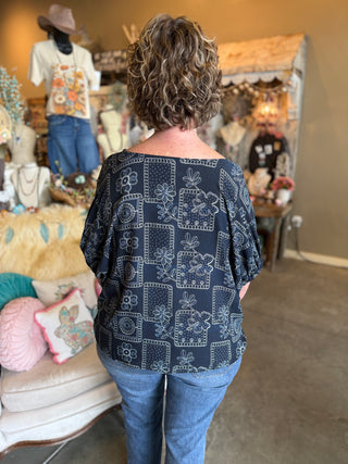Navy Floral Patchwork Top