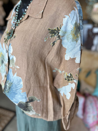 Floral Print Linen Blouse in Beige, Camel, White or Black