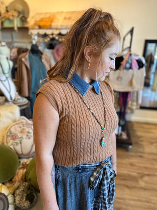 Caramel Cable Knit Sweater with Denim Trim