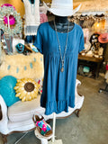 Linen Ruffle Dress in Denim Blue, Canyon Clay, Black or Lagoon