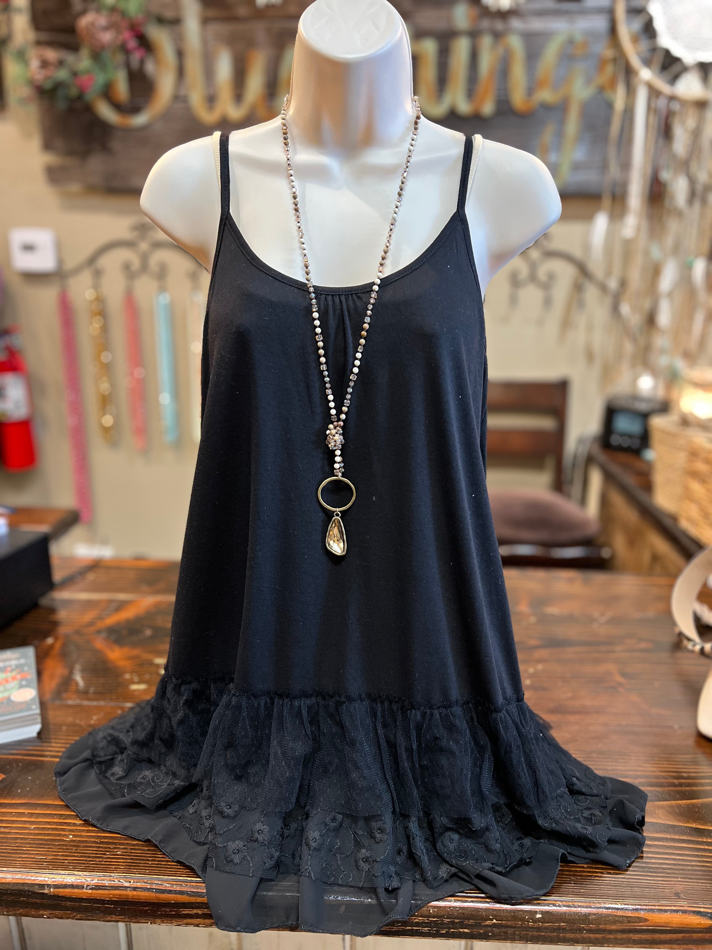 chinese dress ladies Black Solid Jersey Knit Dress Extender with Spaghetti Straps and Scall –  Pink House Boutique main image 0