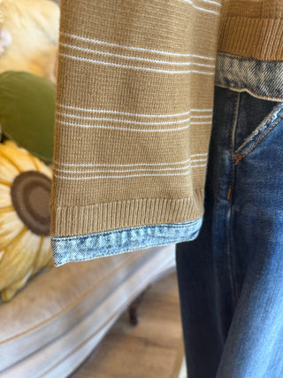 Denim Trim Striped Knit Zip Up Jacket
