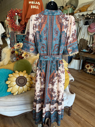 Teal Blue Floral Print Midi Dress