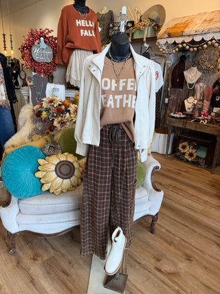 Brown Plaid Woven Barrel Pant