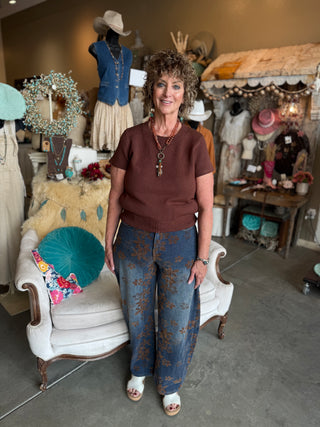 Brown Jacquard Floral Print Jean
