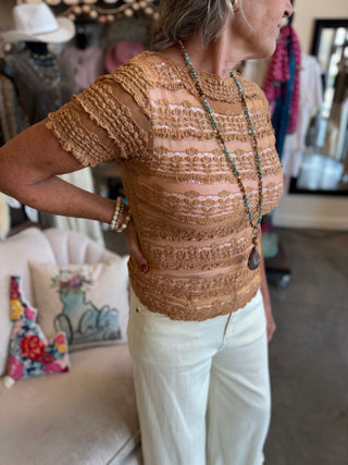 Black or Camel Ruffled Sheer Lace Top