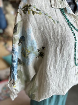 Floral Print Linen Blouse in Beige, Camel, White or Black