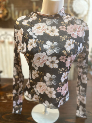 Black Floral Mesh Top