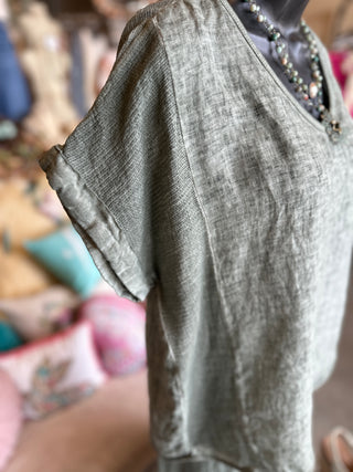 Textured Linen Tee Shirt in Camel, Khaki, Black, White, Duck Green , Navy, Red or Denim Blue
