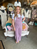 Tie Strap Twill Overalls in Denim, Light Camel and Violet