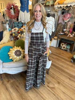 Brown Plaid Overalls