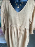Linen and Crochet Midi Dress in Camel