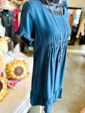 Linen Ruffle Dress in Denim Blue, Canyon Clay, Black or Lagoon