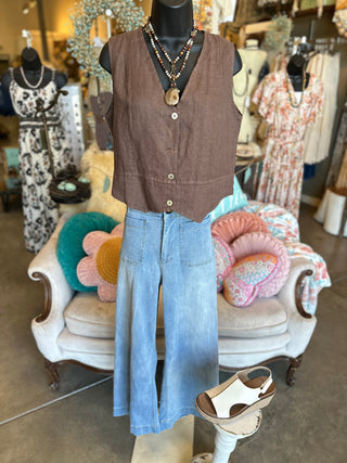 Stitched Linen Vest In Brown or Camel