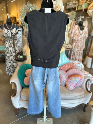 Cotton Linen Blend Vest in Black or Tan