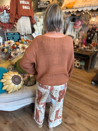 Slouchy Knit Sweater in Pecan Brown and Red Bean