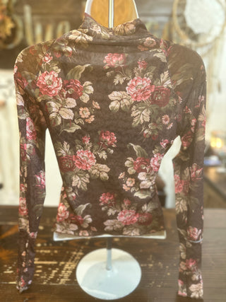 Brown Floral Mesh Top