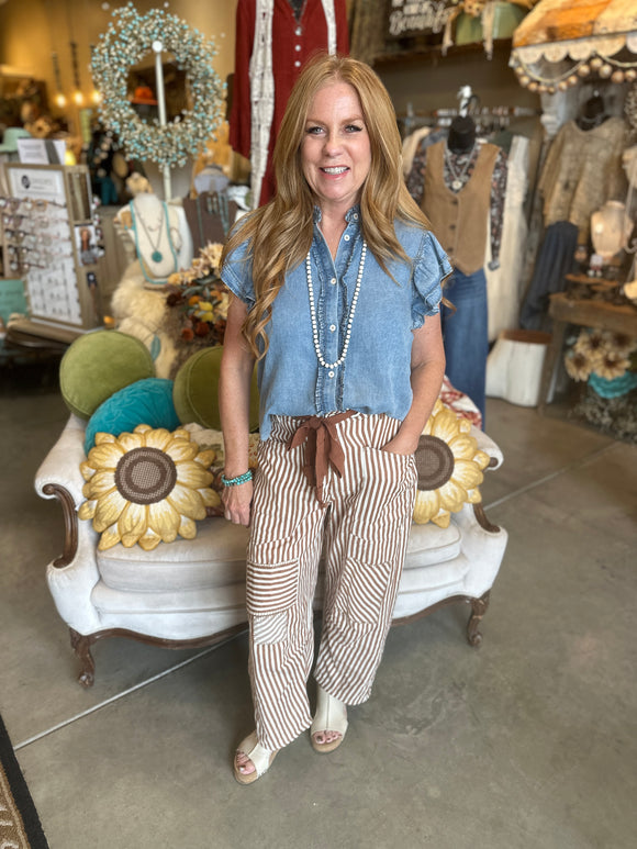 Caramel Striped Barrel Pants
