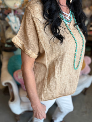 Textured Linen Tee Shirt in Camel, Khaki, Black, White, Duck Green , Navy, Red or Denim Blue