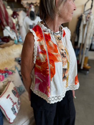 White Floral Top with Lace Contrast