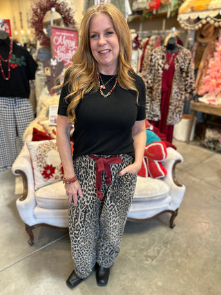 Leopard Tie Waist Barrel Jeans