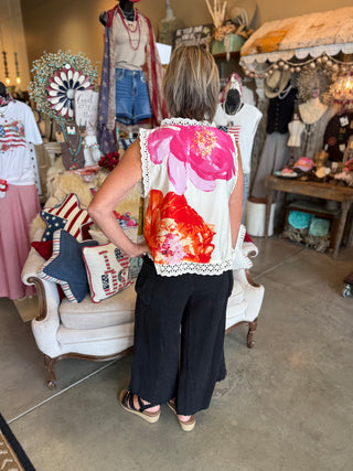 White Floral Top with Lace Contrast