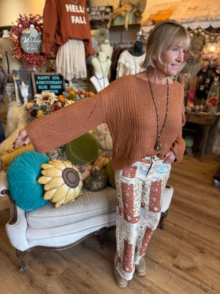 Slouchy Knit Sweater in Pecan Brown and Red Bean