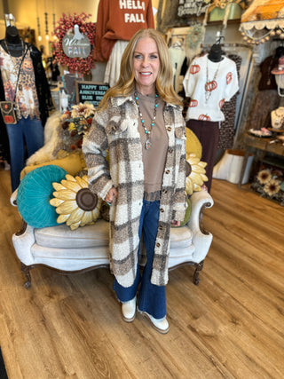 Mocha Plaid Sherpa Long Jacket