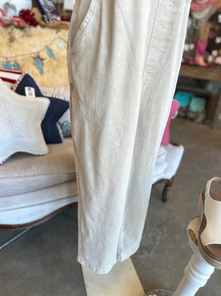 Washed Knot Strapped Overalls in Mahogany, Beige and Teal