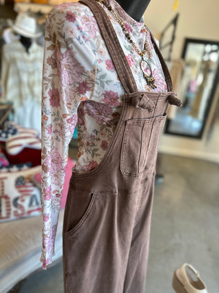 Washed Knot Strapped Overalls in Mahogany, Beige and Teal