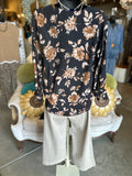 Black and Camel Floral Print Blouse
