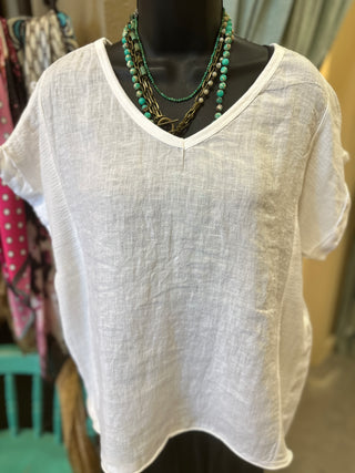 Textured Linen Tee Shirt in Camel, Khaki, Black, White, Duck Green , Navy, Red or Denim Blue