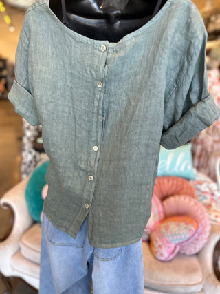 Linen Rolled Sleeve Top in Beige, Brown or Khaki
