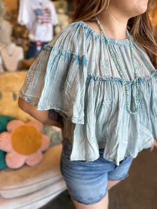 Pol Embroidery Blouse in White or Denim Blue