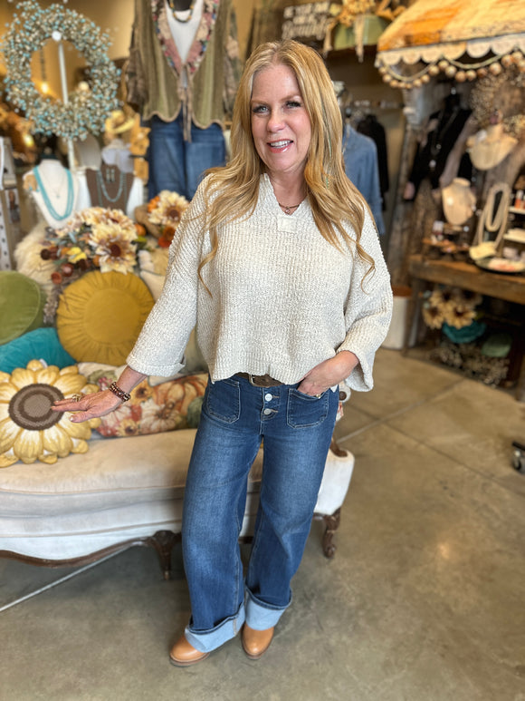 Oatmeal Textured V Neck Sweater