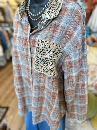 Brick Plaid Leopard Trim Flannel