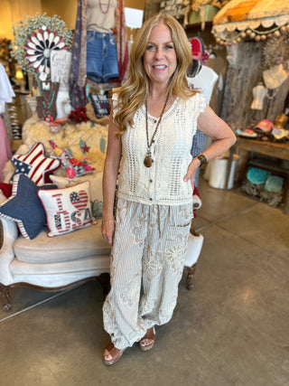 Blue or Tan Striped Embroidery Pant