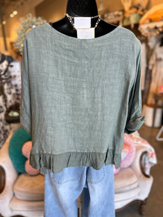 Ruffled Linen Top in Camel or Khaki