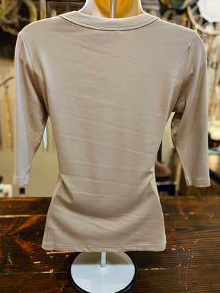 Rib Knit 3/4 Sleeve Top in Black, Taupe,  Ivory, Apricot or Pink