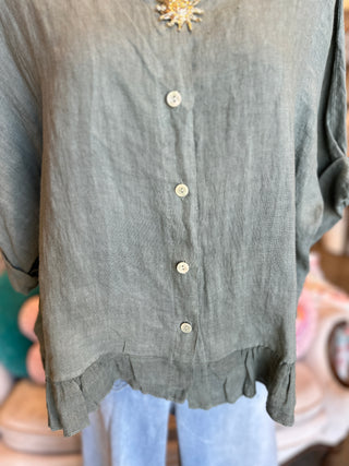 Ruffled Linen Top in Camel or Khaki