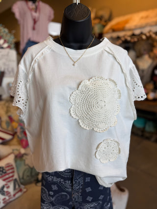 White Lace Sleeve Crochet Patch Top