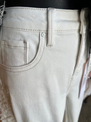 Risen Slouchy Floral Patch Pants in Cream