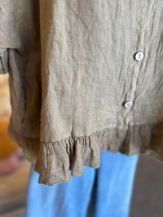 Ruffled Linen Top in Camel or Khaki