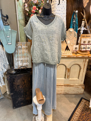 Textured Linen Tee Shirt in Camel, Khaki, Black, White, Duck Green , Navy, Red or Denim Blue